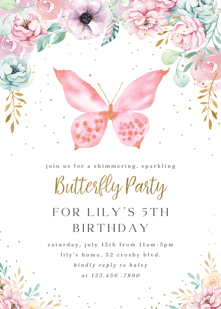 Pink glitter butterfly - birthday invitation