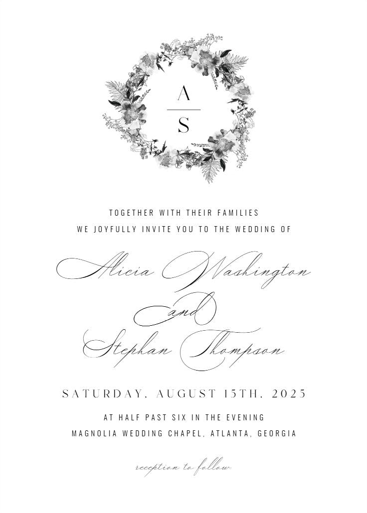 Black white wreath - wedding invitation
