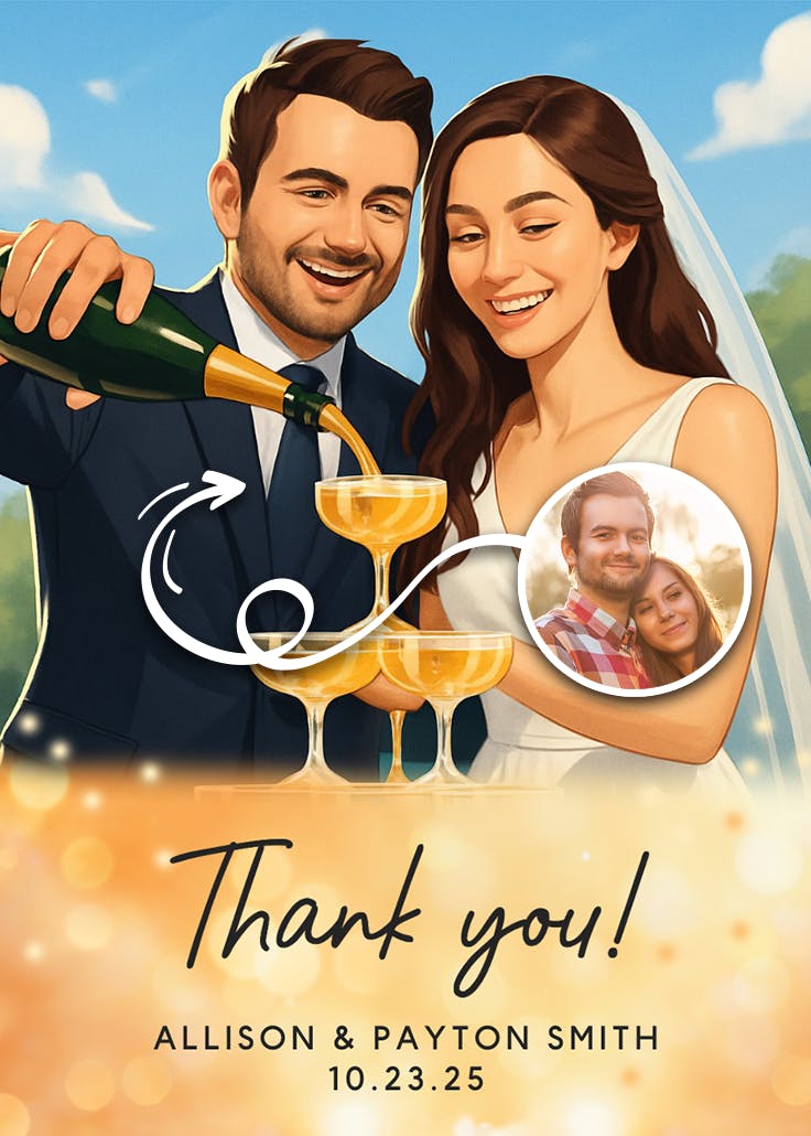 Champagne tower - wedding thank you card