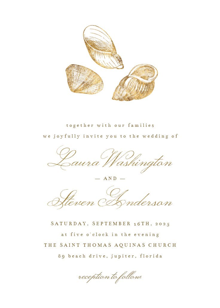 Gold seashells - wedding invitation