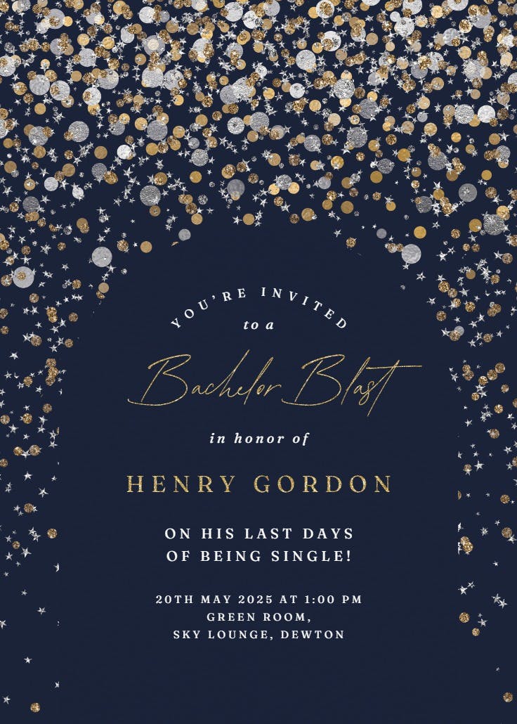Metallic confetti - bachelor party invitation
