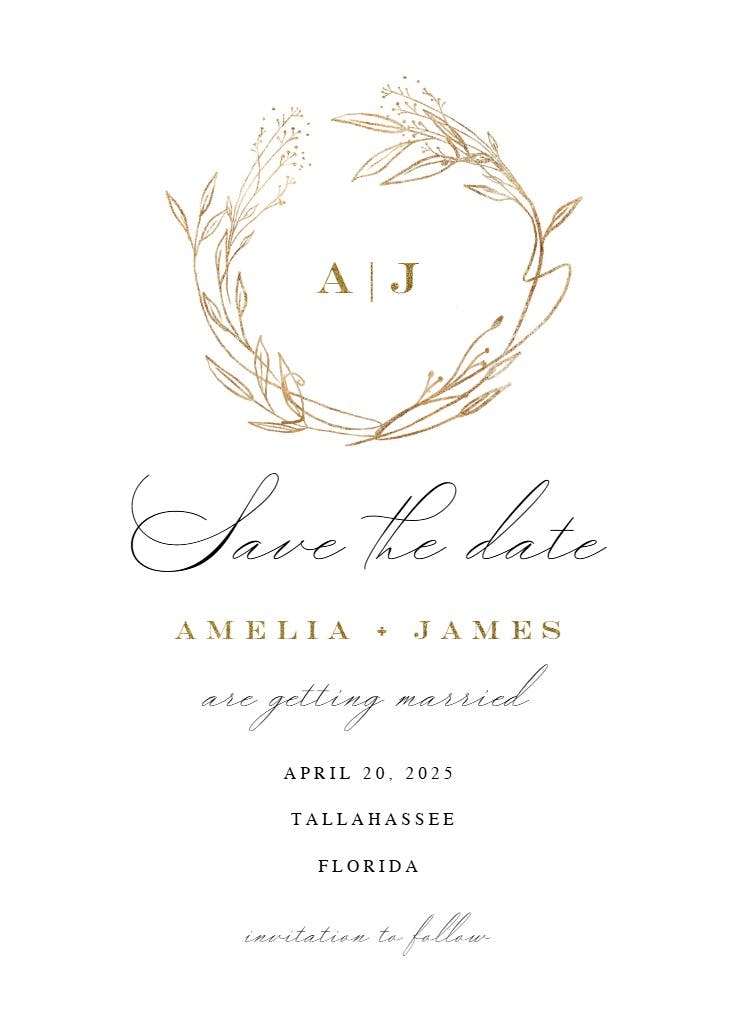 Monogram golden wreath - save the date card