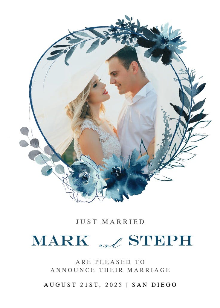 Prussian blue floral wreath - wedding announcement
